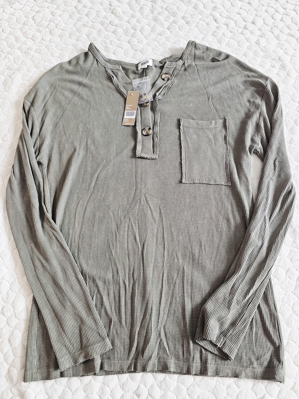 New BKE Buckle Sage Green Henley Thermal Long-Sleeve Pocket Tee